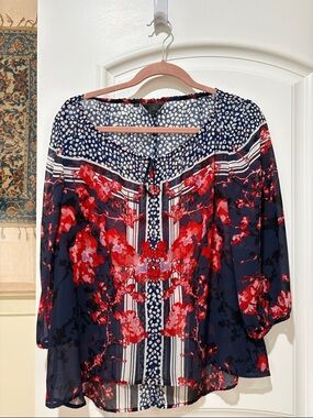 Guess Los Angeles Navy Red Semi Sheer Tunic Blouse with Oriental Floral Motif L